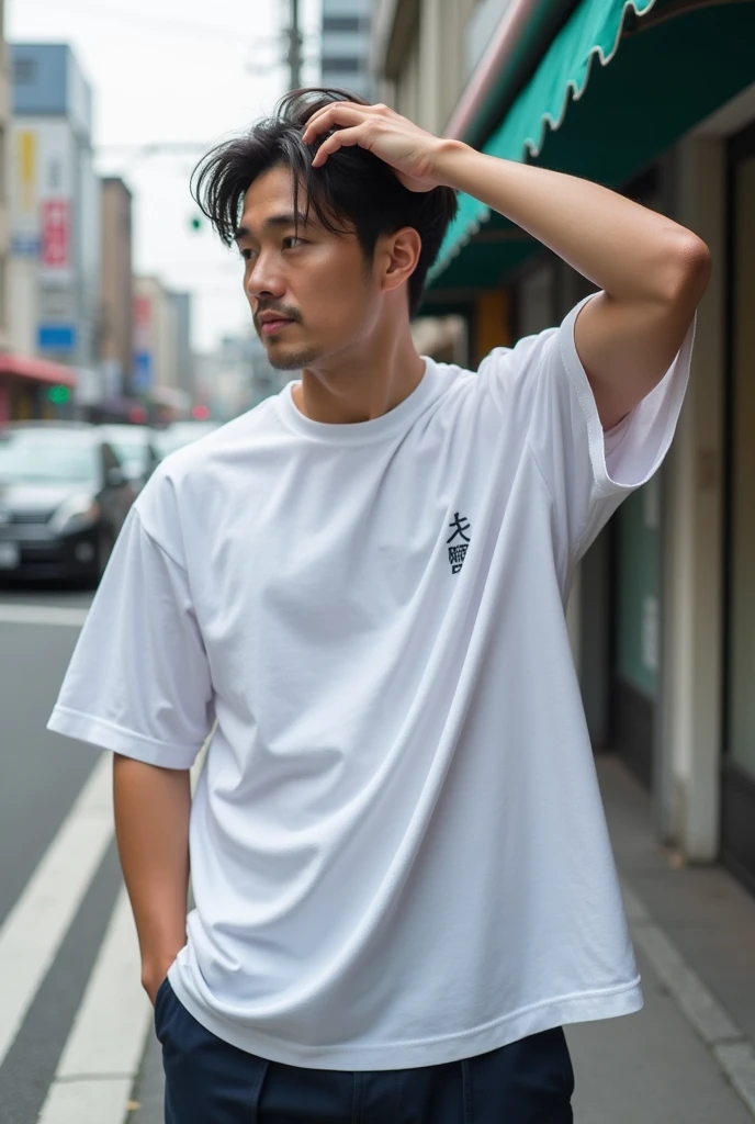 Generate an image of a man with a skinhead haircut wearing a plain t-shirt regular fit size L in a Japanese street setting. The man should have a 90s, urban style. Please include elements typical of a Japanese street, like neon signs, small shops, or cherry blossom trees. Ensure the man's outfit and surroundings reflect a contemporary Japanese street fashion vibe. the cam shoot on bottom close up to chest
