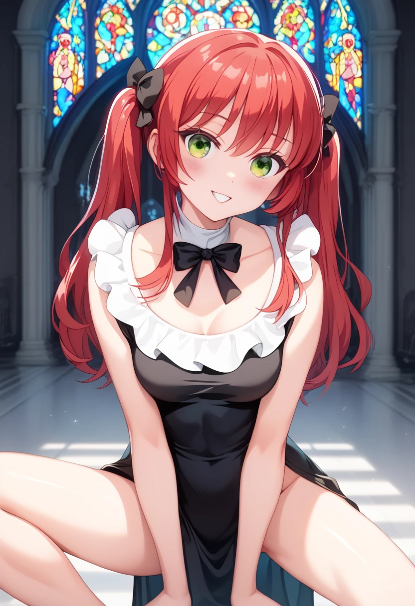 3DCG,  anatomically superior , Attractive Anime Girl , [  digital art ],  High Resolution ,  sexy pose,  nasty poses, , 's greatest masterpiece, Emphasize open legs ,  slender body,  slender body,Bocchizarock,a Ikuyo , red hair and light green eyes ,Hairstyle is short straight, blushing cheeks, very sexy nun with small cleavage visible,What a nun looks like , church,,