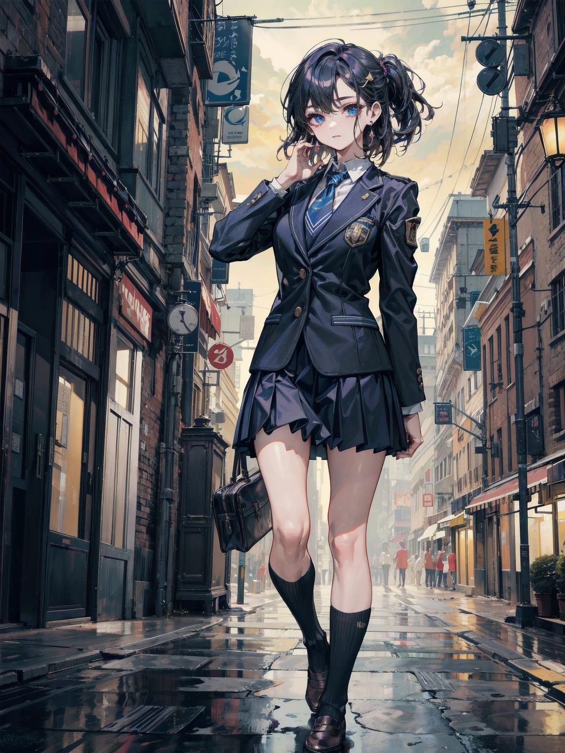 a beautiful young woman, detailed blue hair, standing in city, confident expression, 18 years old, high detailed, semi-realistic, masterpiece, 8k, photorealistic, cinematic lighting, elegant anime girl, cosplay, Hoshimachi Suisei, Hololive, Vtuber, wearing oversized jacket and skirt, small breast, accurate