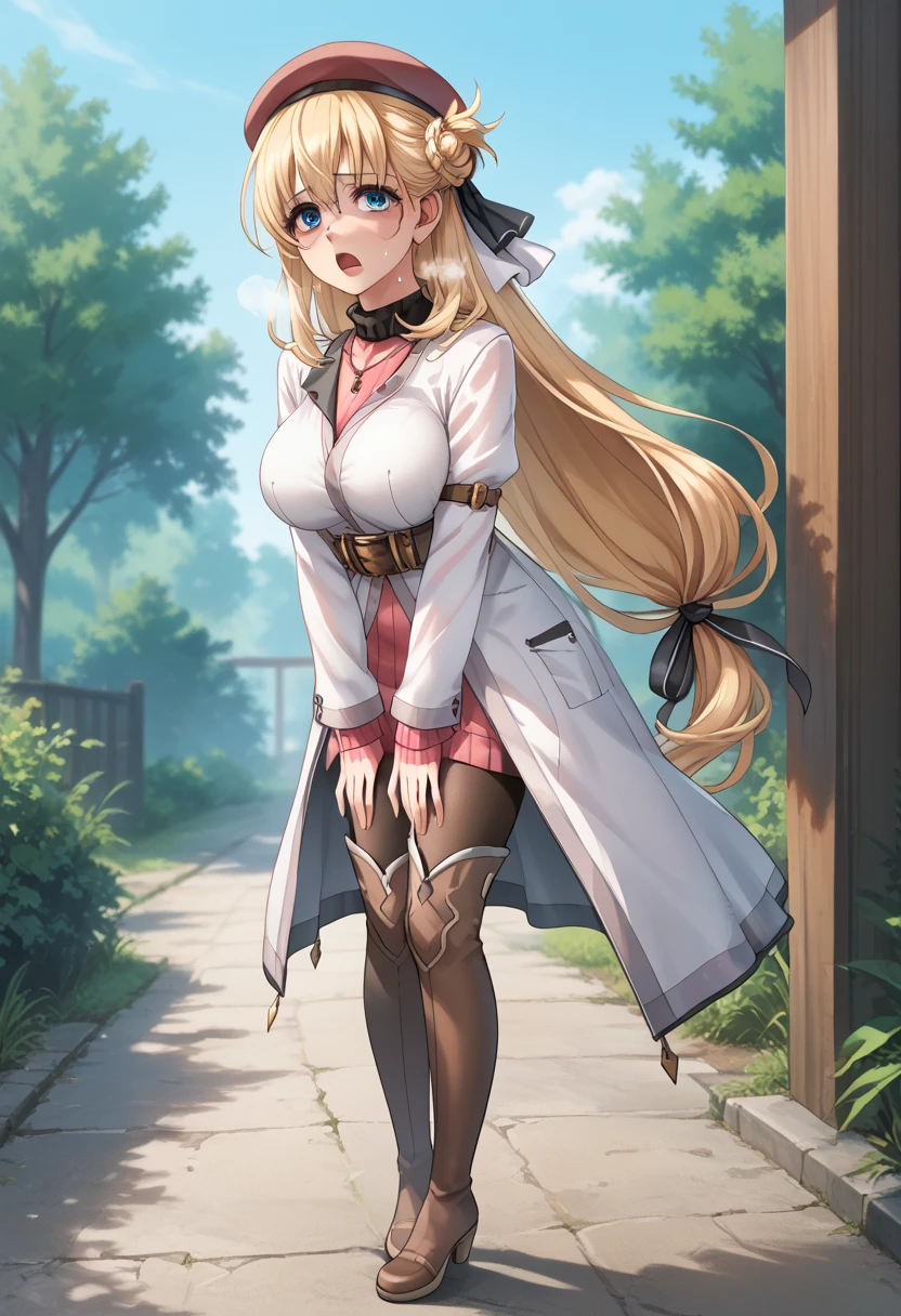 score_9, score_8_up, score_7_up, score_6_up, score_5_up, score_4_up, BREAK source_anime,
1girl, solo, sfw,  Agnes Claudel, blonde hair, long hair, blue eyes, large breasts, hair ribbon, beret, white coat, turtleneck dress, necklace, belt, pink skirt, pantyhose, brown boots, thigh boots,, full body shot, front view, looking at viewer, outdoors, sky, trees, 
racoonsan,, standing up bending forward exhausted heavy breathing, sweating, wet, moaning, mouth open, touching her chest with one hand