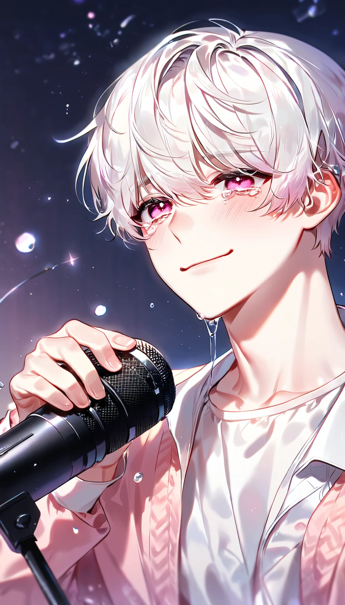 White hair,man,academic,pink eyes , best quality,High quality, very delicately, Korean, microphone , cute ,teardrop,Crying ,A bitter smile ,Korean fashion ,Short cut, solo, alone