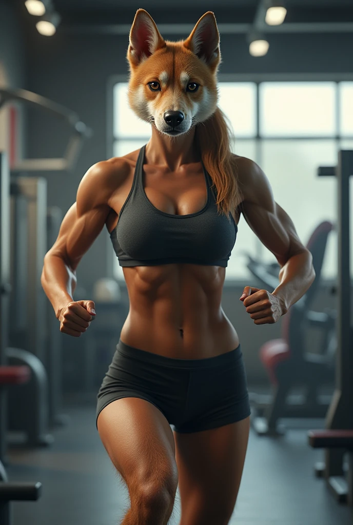 score_9, score_8_up, score_7_up, score_6_up, score_5_up, score_4_up, source_furry, realistic, photorealistic, e621, mature female anthro husky dog, MILF, posing in a gym, looking at viewer, seductive, beautiful detailed eyes, (wearing a sports bra and yoga pants), nipple outline, detailed fur, voluptuous, hourglass figure, large breasts, sweating, thick thighs, cinematic lighting, professional lighting