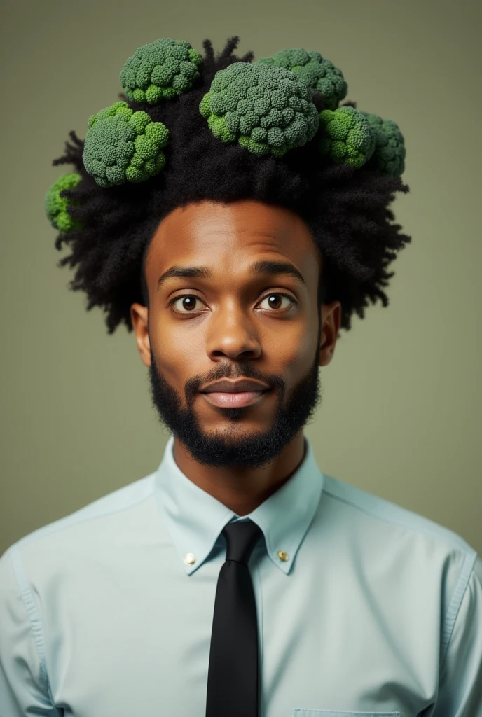 30-year-old man wearing a shirt and tie, broccoli-shaped hair, afro hairstyle 