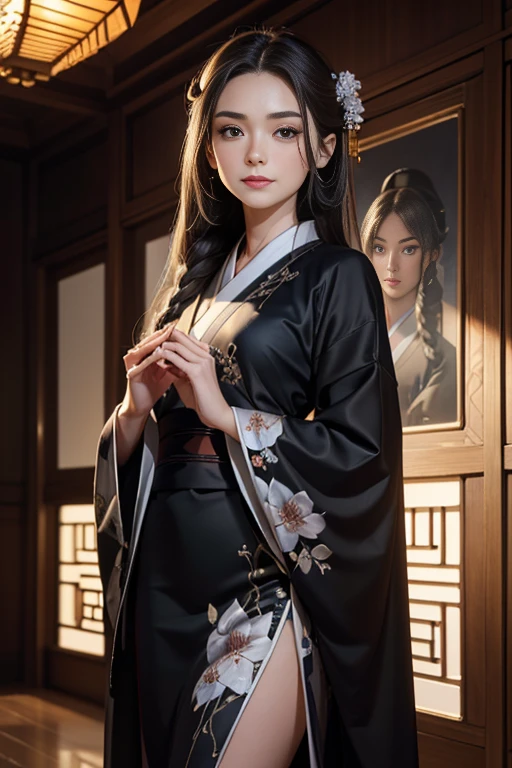 ((Surrealism, retina, masterpiece, accurate, anatomically correct, super detail, best quality, 8k, extremely precise in every detail, beautiful detailed glow, beautiful attention to detail, beautiful detailed eyes)), (a female military-strategist in a long black Kimono-dress is standing in a Chinese palace), (long brown fish-tail braid hair), beautiful face, BREAK slanted silver eyes, (slender body, slim body), ((anatomically correct fingers, anatomically correct hands, beautiful detailed fingers)), BREAK , smiling broadly