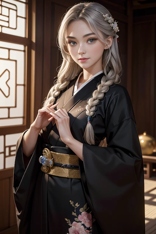 ((Surrealism, retina, masterpiece, accurate, anatomically correct, super detail, best quality, 8k, extremely precise in every detail, beautiful detailed glow, beautiful attention to detail, beautiful detailed eyes)), (a female military-strategist in a long black Kimono-dress is standing in a Chinese palace), (long brown fish-tail braid hair), beautiful face, BREAK slanted silver eyes, (slender body, slim body), ((anatomically correct fingers, anatomically correct hands, beautiful detailed fingers)), BREAK *****************, smiling broadly