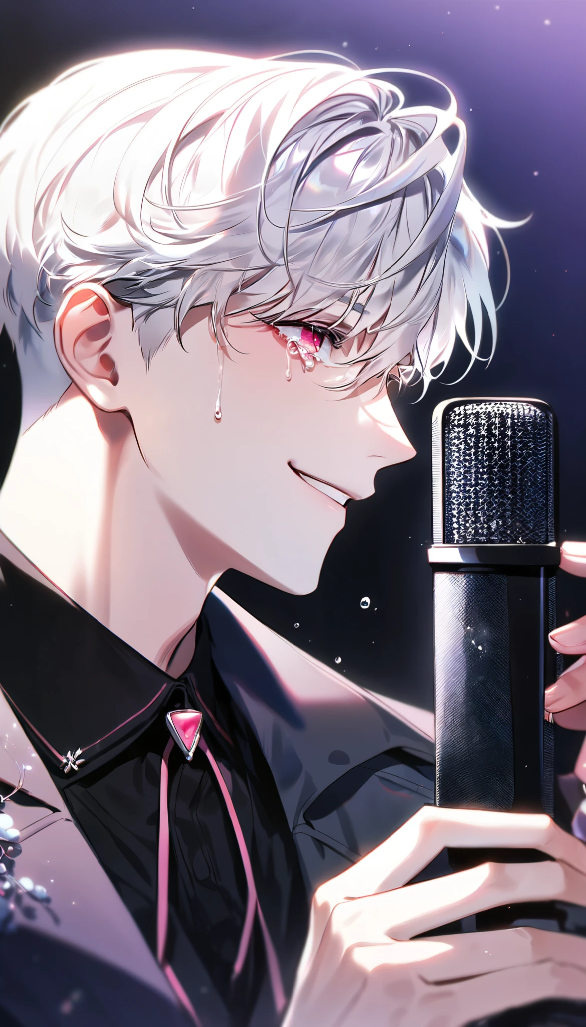 White hair,man,academic,pink eyes , best quality,High quality, very delicately, Korean, microphone , handsome,teardrop,Crying ,A bitter smile ,Korean fashion ,Short cut, solo, alone