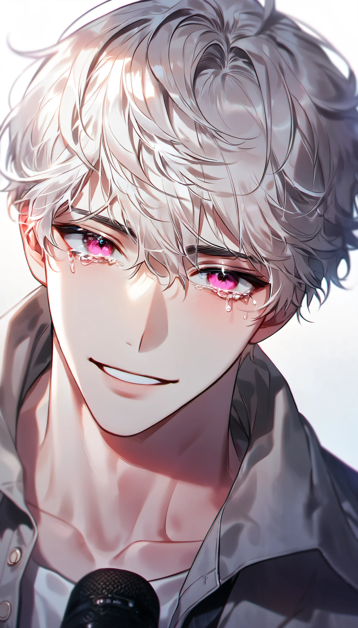 White hair,man,academic,pink eyes , best quality,High quality, very delicately, Korean, microphone , handsome,teardrop,Crying ,A bitter smile ,Korean fashion ,Short cut, solo, alone