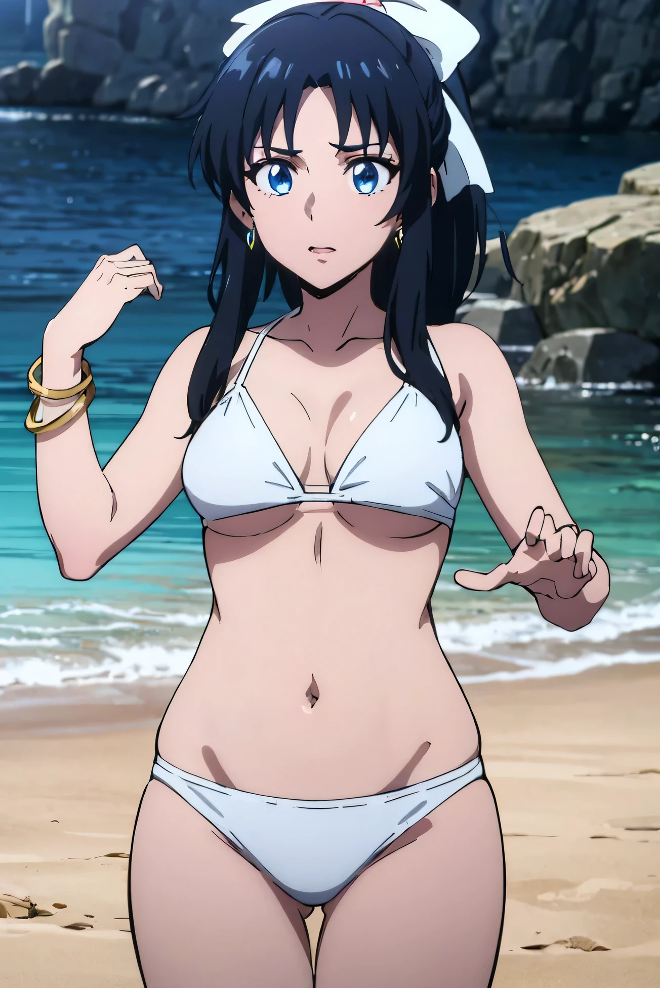Masterpiece, best quality , Girl traveling alone, Light black hair with , blue eyes, long hair, medium breasts, sexy body and face, wavy hair, 笑face, white bikini , during, bracelet, jewelry, earrings, feather headdress, ball, Lying on the Sand , summer, sexy pose, cowboy shot, Detailed Body , face, and eyes, sharp concentration, vibrant, creative, dynamic, high definition , High Resolution , 8k, (Luxury: R-ESRGAN 4x + anime 6 mage enhancements:4x ), The plump body of , Cinema lighting , body pillow style , viewers watching , hair ribbon, hair bow, ponytail