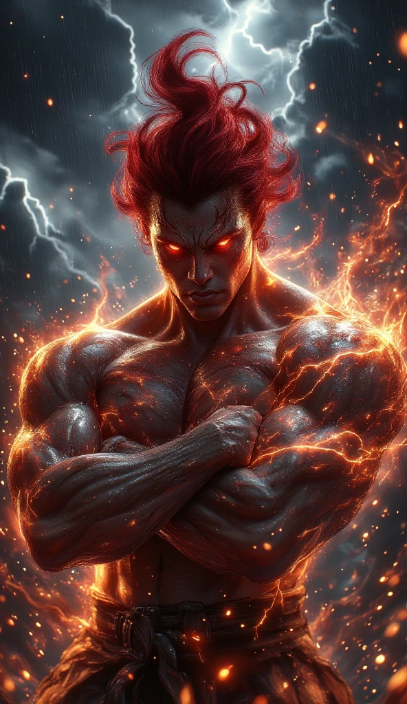 A fictional character with brown skin color, with defined body, with a height of 1,77m high. with fire powers, nuclear combustion and fusion. With bright green eyes and messy red hair. Wearing an outfit with red dragon scales.