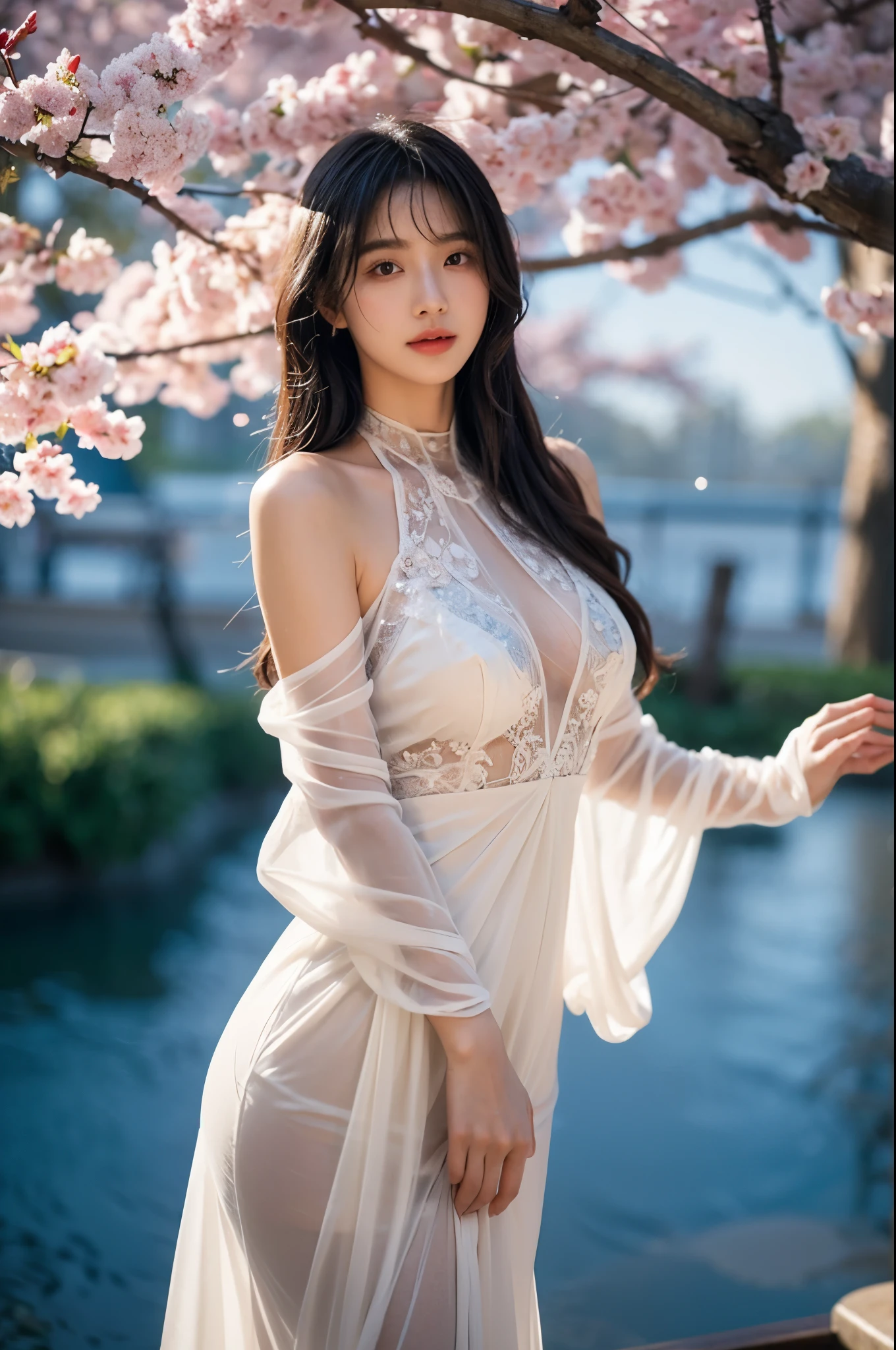 (((masterpiece:1.4, highest quality:1.4, 8K, ultra high resolution, Physically based rendering))), full body portrait, super beautiful sexy woman, Perfect style and figure, 24-years-old, (beautiful big eyes), thin eyebrows, Highly detailed face and skin texture, clear focus:1.2, cleavage, Sexy waist(( my nipples are erect:1.2)), , clear facial features,, (((Brown knit dress, Release both shoulders, dress lift:1.4, :1.4, thin and long))), (Transparent black stockings), (((Detailed beautiful pussy exposed:1.4, :1.5))), ((( Cloudy liquid drips down her thighs:1.5, spread your pussy:1.2,))), (smile:1.3, blush:1.2, ), (stand with legs apart:1.4), (from below:1.1), (looking at the audience:1.1), ((beautiful night view:1.4)), ((Cherry blossoms blooming at night:1.4)), ((Cherry blossoms at night:1.4, Patio Seating, lanthanum, warm light)), (Scattering cherry blossoms, SakuraFubuki:1.4), (Sakura Snow:1.4), (starry skies:1.3), (Surrounded by blooming cherry blossoms), (Background full of cherry blossoms:1.4),