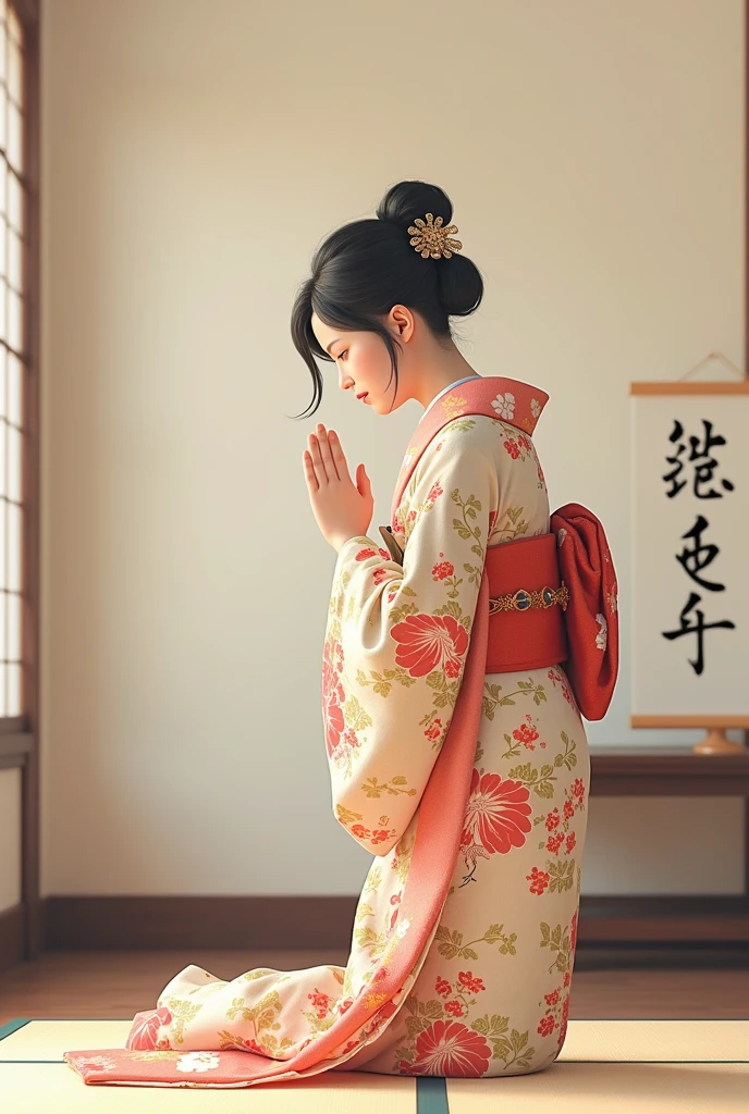 A woman dressed in a traditional hanbok，Bowing