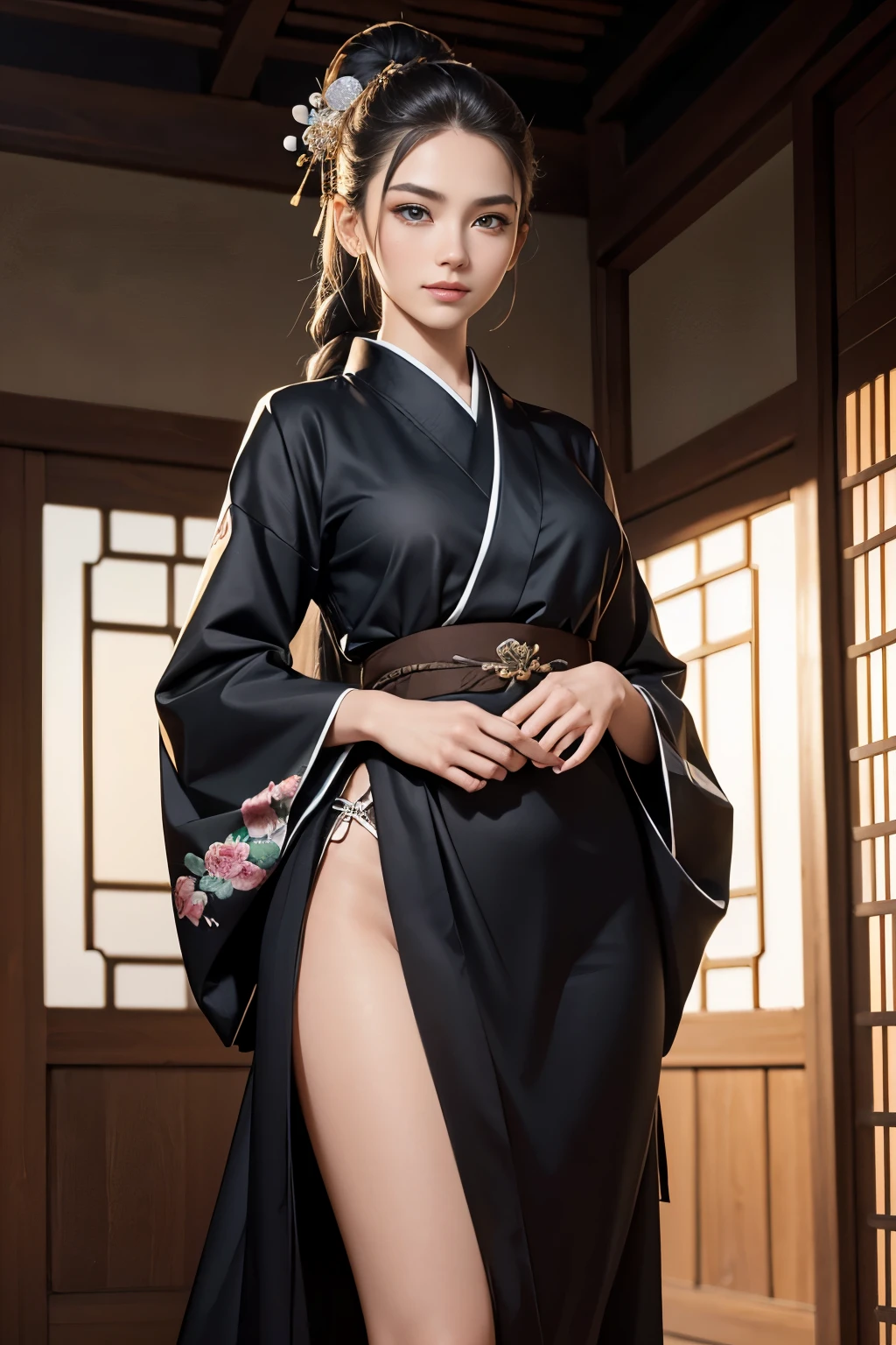 ((Surrealism, retina, masterpiece, accurate, anatomically correct, super detail, best quality, 8k, extremely precise in every detail, beautiful detailed glow, beautiful attention to detail, beautiful detailed eyes)), (a female military-strategist in a long black Kimono-dress is standing in a Chinese palace), (long brown fish-tail braid hair), beautiful face, BREAK slanted silver eyes, (slender body, slim body), ((anatomically correct fingers, anatomically correct hands, beautiful detailed fingers)), BREAK fifteen years old, smiling broadly