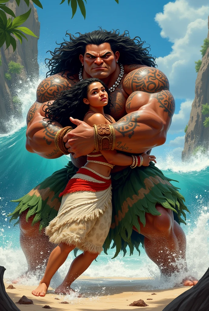 1female, 1male, (Anime inspired Moana, curvaceous figure with large round breasts, slim waist, and thick thighs, accompanied by a large full booty, boasting beautiful animated skin and alluring green eyes), demonstrating an extraordinary ability in deepthroating and sword swallowing, her lack of a gag reflex is sure to leave viewers in awe and motivated to exceed their own limits,
1male (depicted as a strong, dark-skinned gentleman with prominent muscles and an impressive large black penis, looking down at Moana with a sense of pride and satisfaction, his hand gently resting on the back of her head, releasing a heavy sperm load), Raw