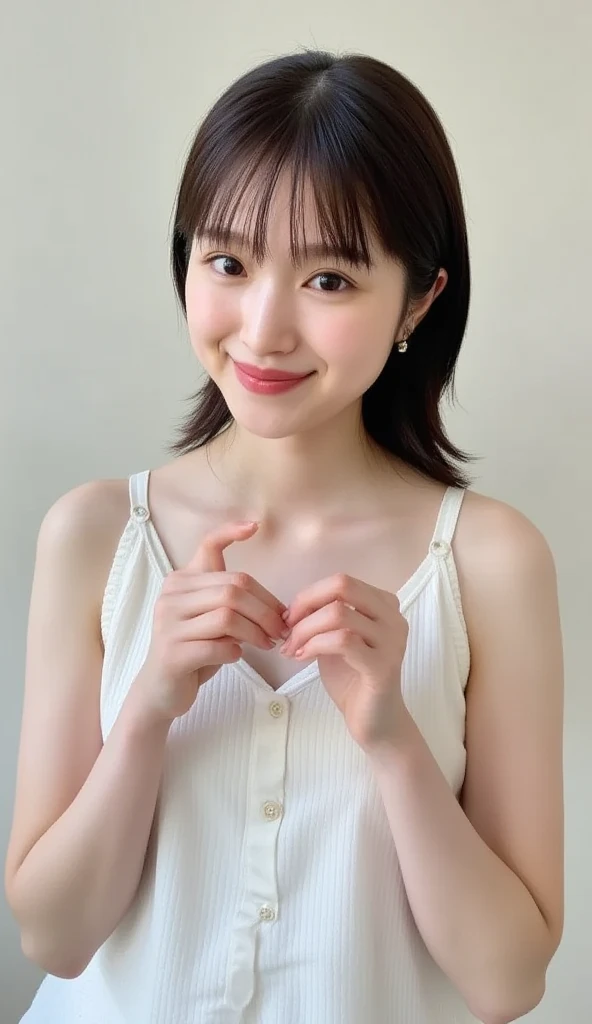      Wear an attractive camisole and pose with your hands in the shape of a heart in front of your chest、  Cute Smile Up、  The background is plain、  HD、細部にわたって HD 