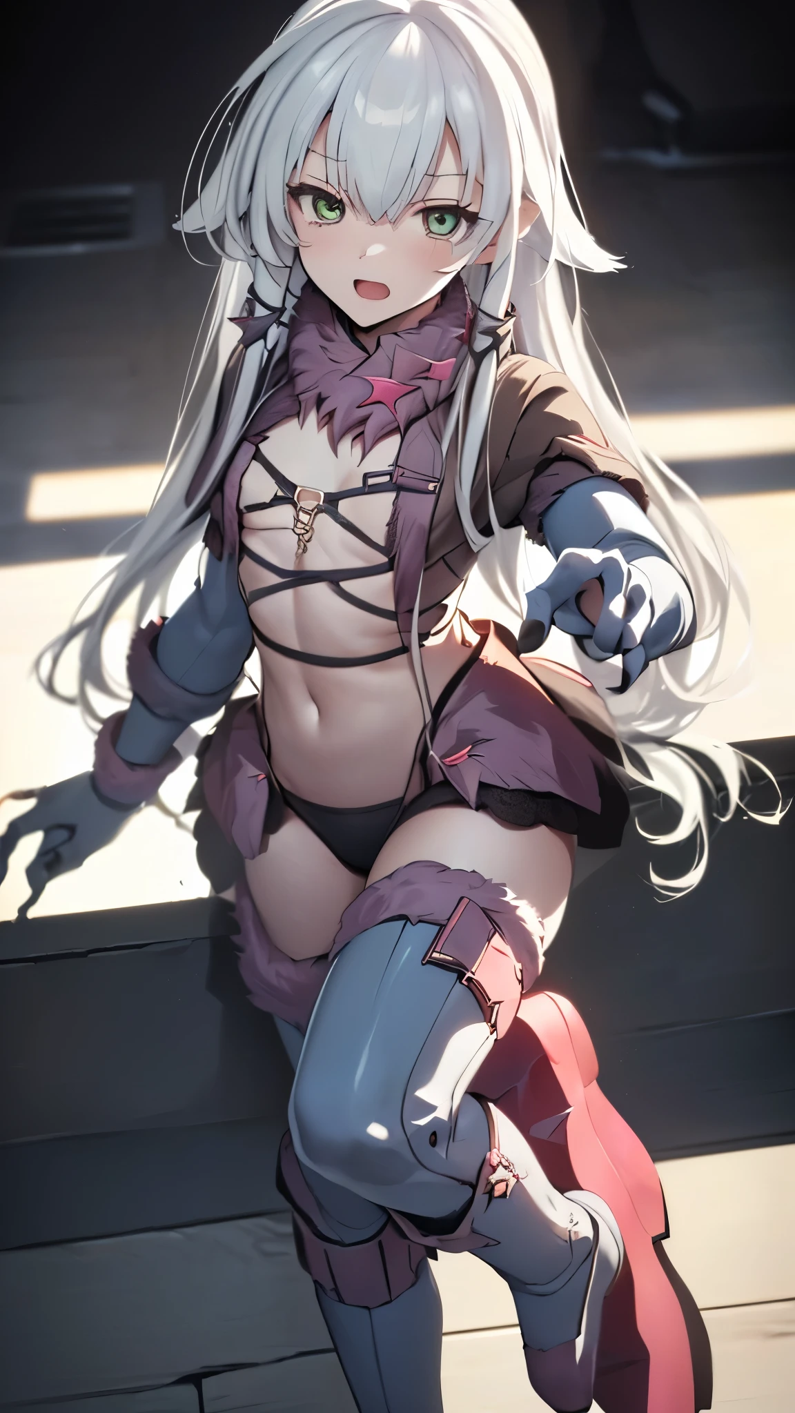 (( top quality、 excitement 、 complete anatomy、Five fingers、Full Arms、 Details)),woman,(((woman、 Look Down、Alone, slightly brownish white hair、mechanical suit、under boob, undress, emphasizes body lines 、dangerous beast costume,paw pose,surprised expression、 embarrassing expression )))