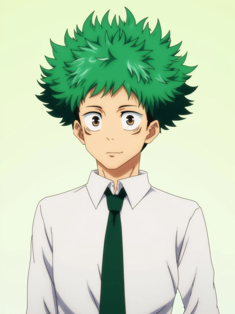 male 30 years old, in a shirt and tie, green broccoli-shaped hair, afro hairstyle ,  anime style