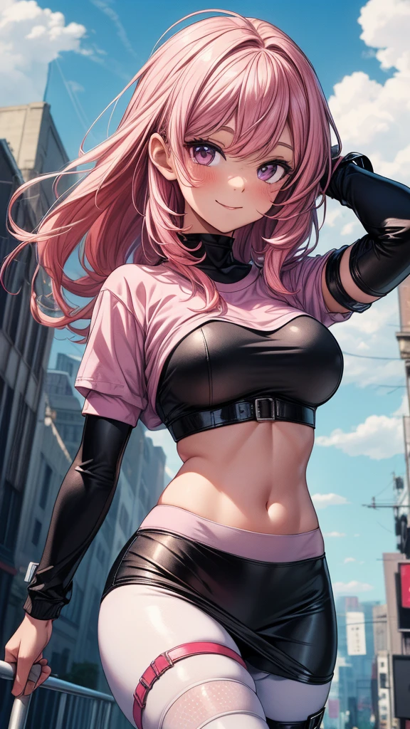 Beautiful 20 year old woman standing on one leg, lifting her other leg up, kicking position, mischievous smile, crotch visible, big breasts, slim waist, thick thighs, long pink hair, wearing headset, tight white crop top, jeans shorts, black see through stockings, nylon stockings, military boots, 2 arms, 2 legs