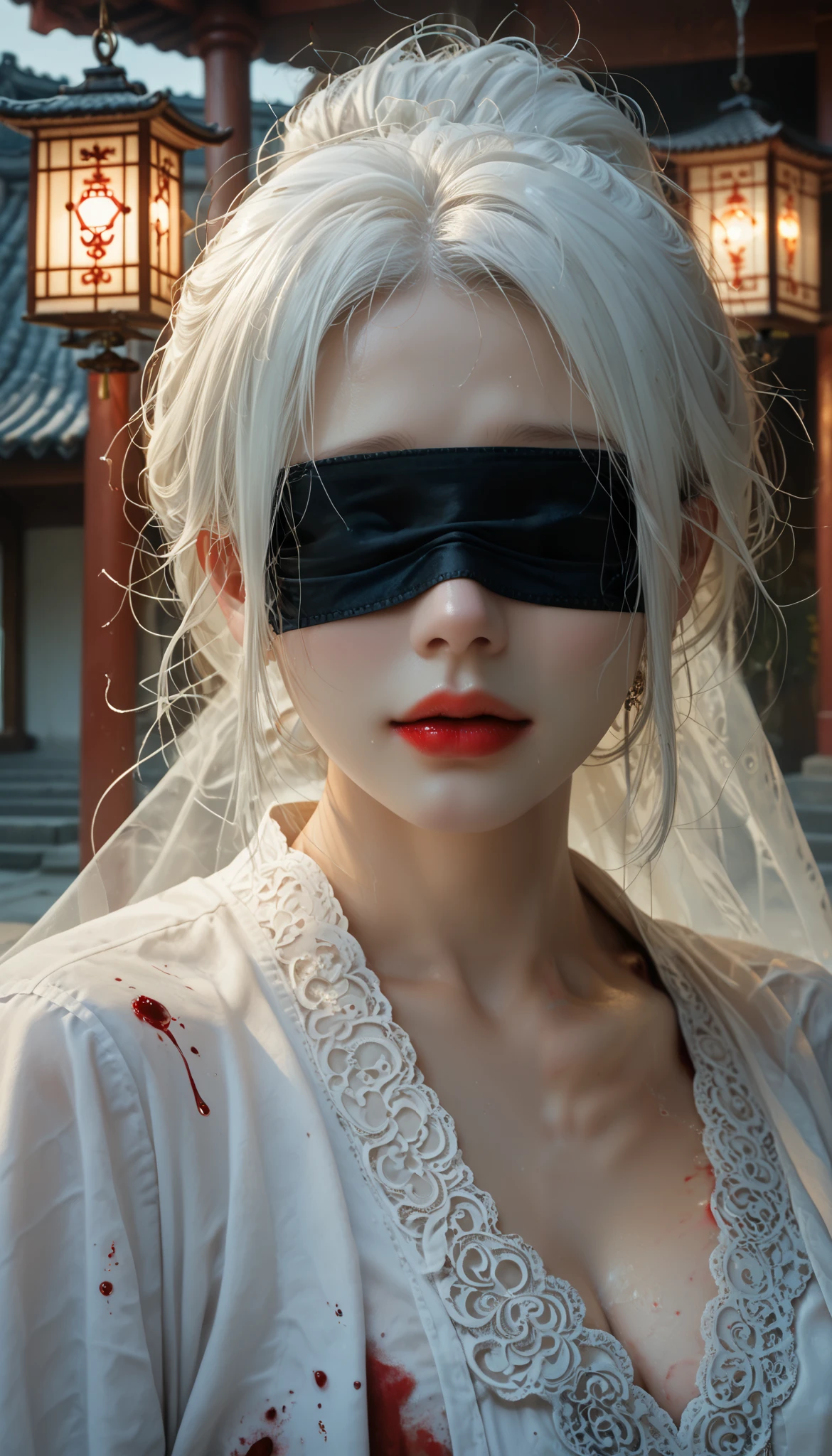 (masterpiece,   best quality  :1.2),  1 woman,   alone, Maiden Ghost Monster,   Korean , Hanbok,  White Sobu , White hair, Temple, I, (  huge boobs   :1.4), Lantern  ,   long matted hair ,  clear skin , Red lips, Shedding tears of blood,  cool atmosphere, pale blue skin, jade skin, Blindfold