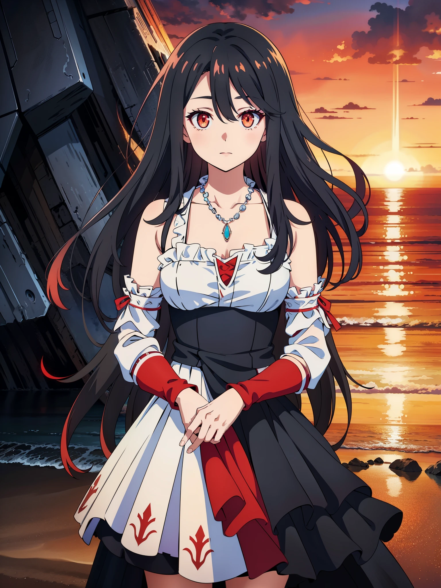 (high-quality, breathtaking),(expressive eyes, perfect face) 1girl, female, solo, ager, black color hair, red highlight in hair, red eye color, short hair length, fluffy spiky hair, Symmetrical Eyes, portrait, positive expression, sunset, red sky, narrow eyes, fingerless glove, dress, necklace, stylized hairstyle, YunaSongstress, lace, detached sleeves, ocean background, embers, gradient. embers