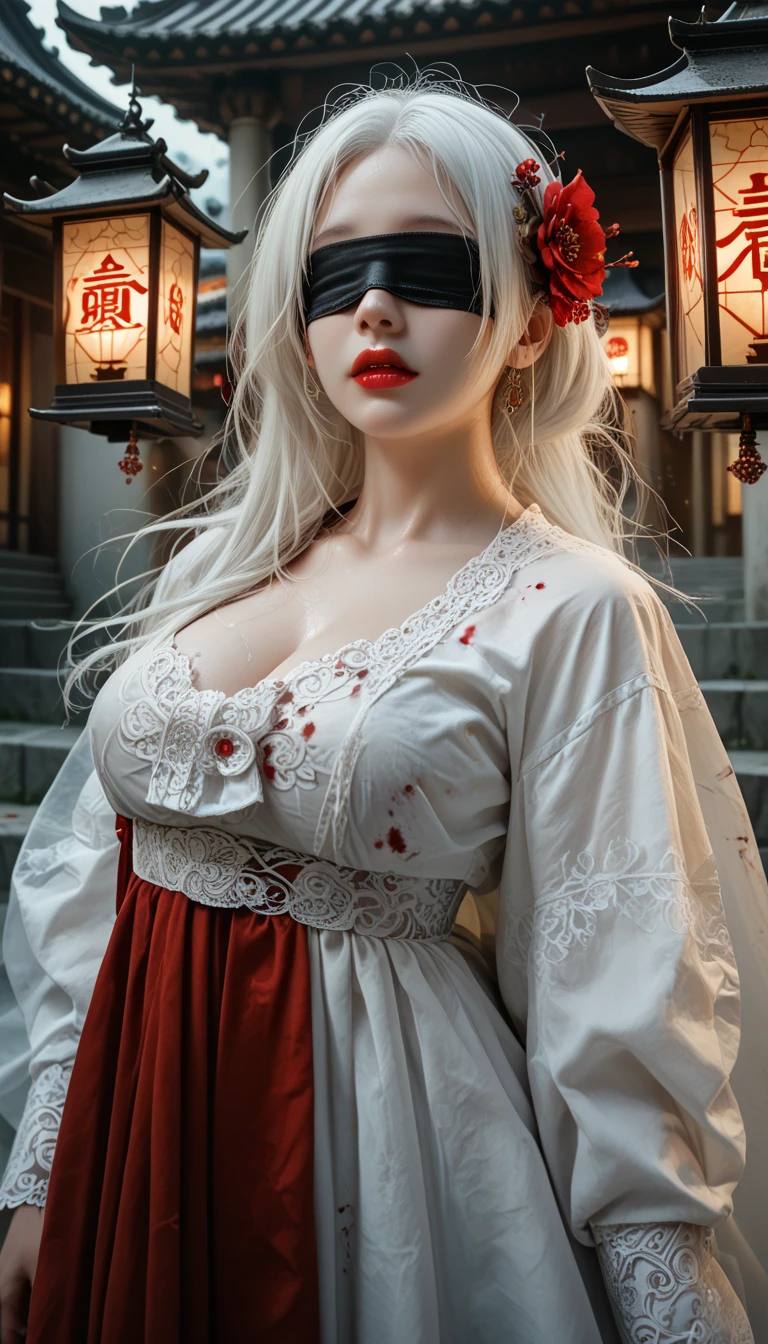 (masterpiece,   best quality  :1.2),  1 woman,   alone, Maiden Ghost Monster,   Korean , Hanbok,  White Sobu , White hair, Temple, I, (  huge boobs   :1.4), Lantern  ,   long matted hair ,  clear skin , Red lips, Shedding tears of blood,  cool atmosphere, Blindfold