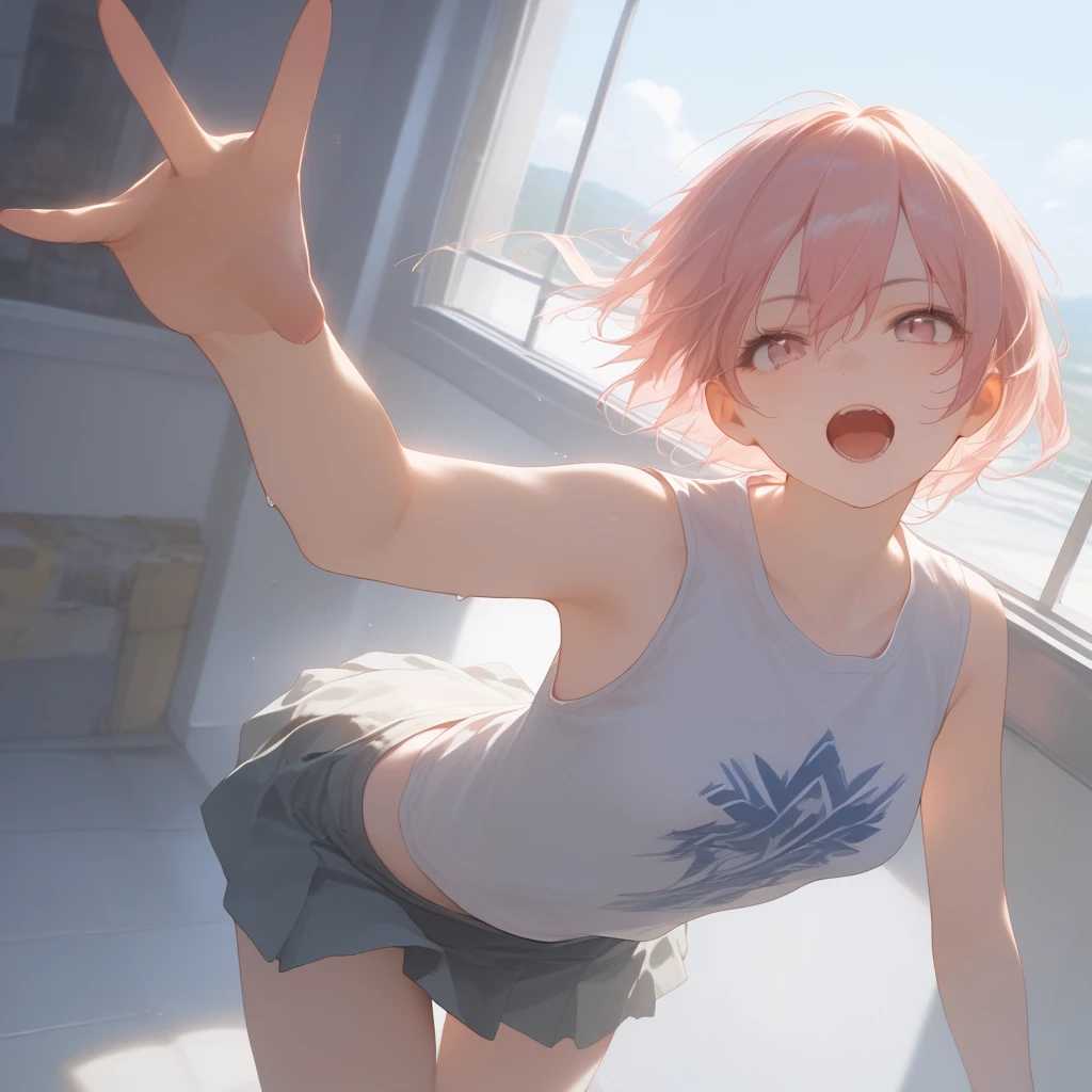At the gym、exercise、Fitness、spats、training、Nipples、Girl、Girl、Short、Younger、Lower school year、Baby Face、Both eyes open、flat chest、refreshing、fine、Innocence、smile、Dynamic Angle、Sweat、sports、Equipment、Wearing clothes、Dynamic Pose、There are a few people behind、masterpiece、best quality、ultra-detail