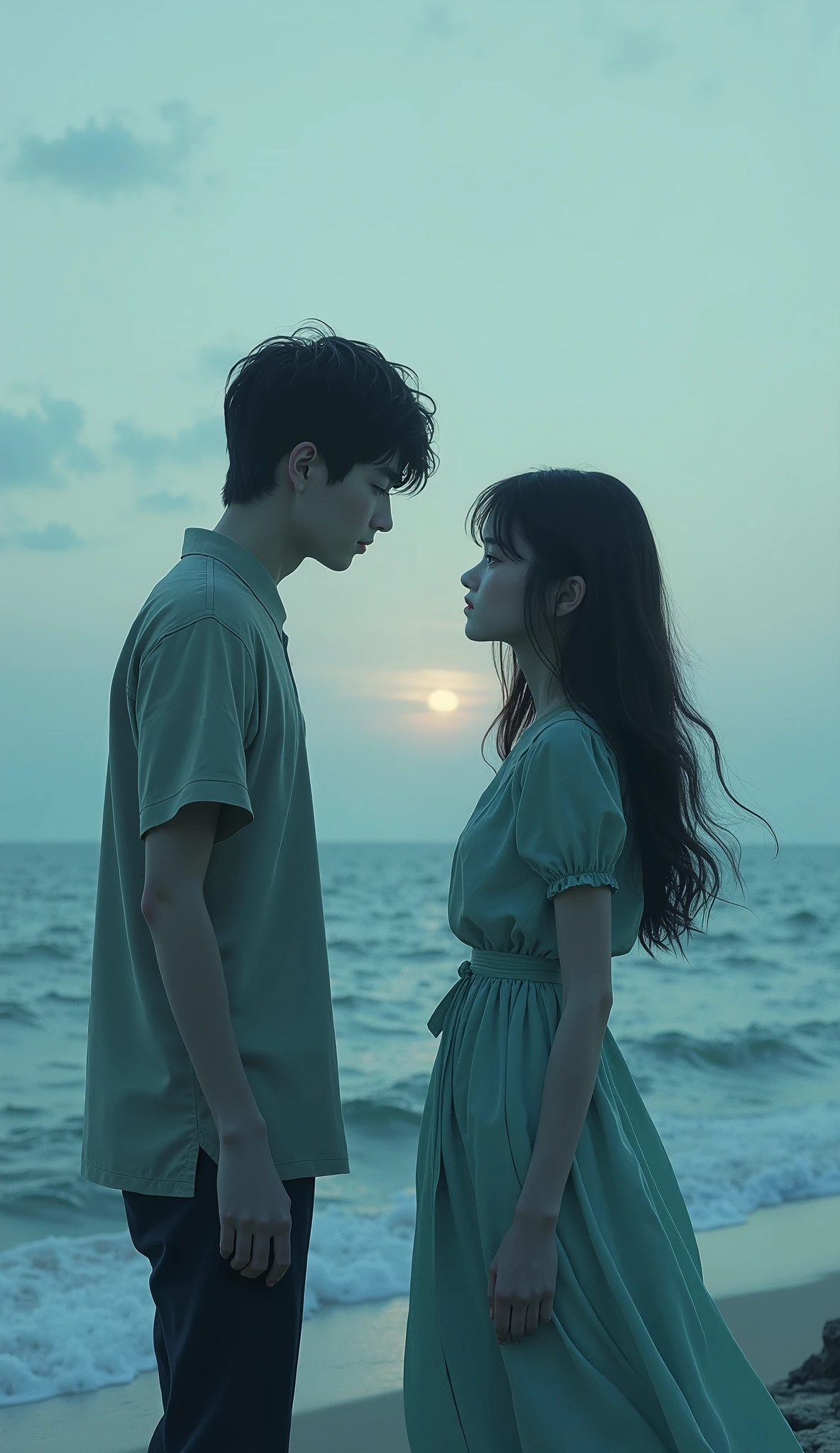 Create a serene portrait of a young Asian couple (wait for it at the beach). for girls' outfits (wearing a loose white blouse, paired with a breezy underskirt). (Her eyes are looking at the viewer), her breasts are natural, and she has a peaceful expression on her face, enjoying the moment. The background features gentle waves crashing against the beach sky, creating a serene and calming atmosphere. The overall mood of this image is reflective and serene, capturing the essence of relaxation and peace by the sea and holding hands with a man And looked at each other .