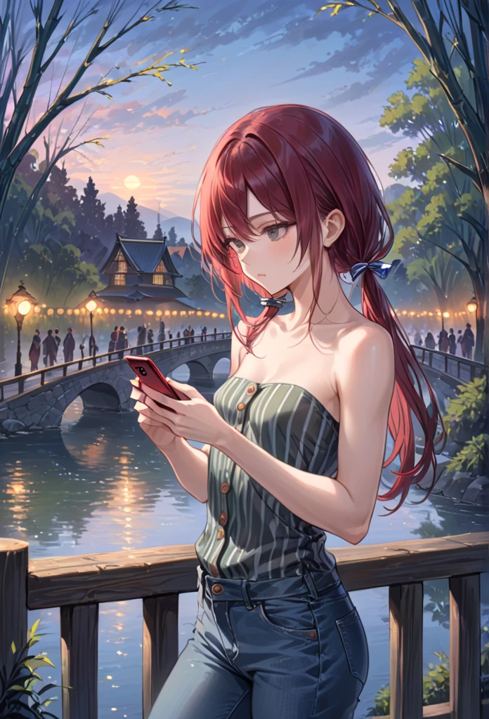 (masterpiece, best quality), stoic, looking at phone, beautiful face, upper body, close up, gray eyes, dark red hair, swept bangs, low twin tails, white ribbons, gray strapless shirt with white trim, black jeans, small breasts, toned arms, sitting with legs crossed, hand on face, from below, bench, willow tree, Sunrays, shade, dusk,