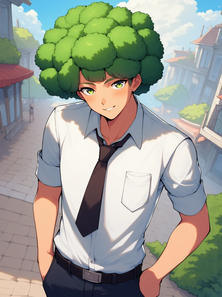 confident 30-year-old man, in a shirt and tie, green broccoli-shaped hair, afro hairstyle ,  anime style