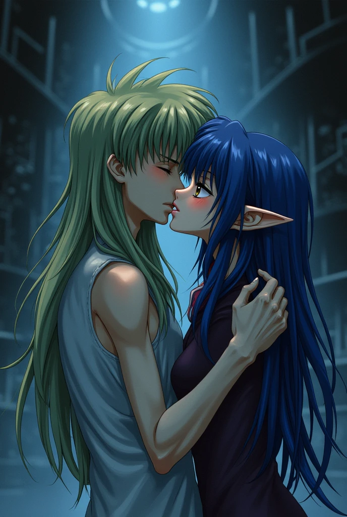 Romantic couple hugging and kissing。c.c. ,curlies, tmasterpiece,Code geass, Very long hair, Black transparent bikini,nakeness,Raised sexy,Enchanting。Black men,musculature,short detailed hair,fear