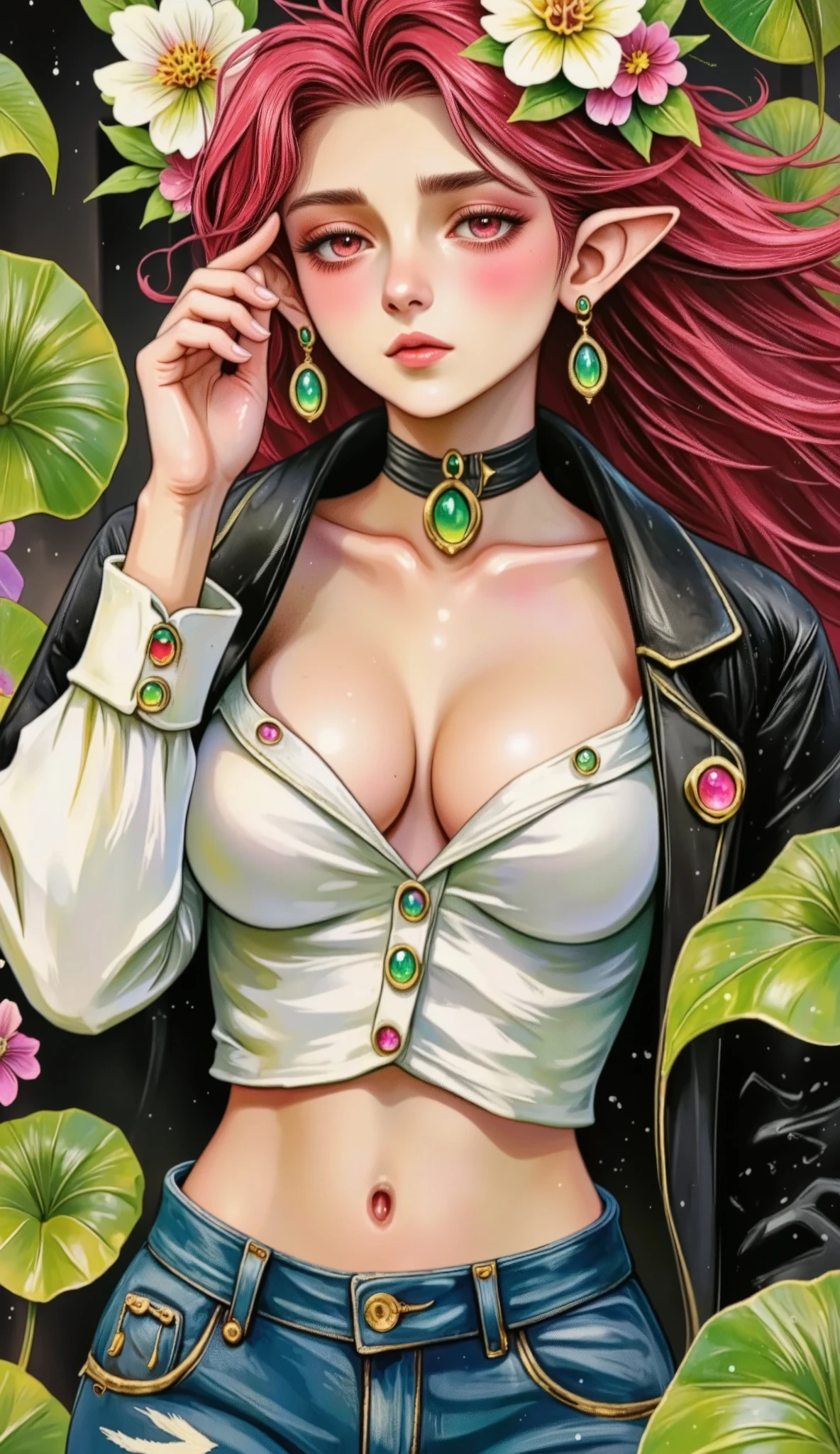 (((( masterpiece , la mejor calidad , High resolution)))), Extremely detailed 8k , Beautiful girl with voluptuous body , ( Ultra High Definition , thigh strap , highly detailed , Very realistic, ultra-realistic , realistic photograph ), ( a girl:1.5), (realistic red hair), ( long wavy hair , hair ornaments , Earrings), ( dynamic postures ), looking at the camera , looking at the spectator , (blush, ashamed, smile), ( hazel eyes , Sharp eyes), ( large, plump breasts :1.2), ( beautiful and detailed face , beautiful and detailed eyes ), ((white cropped top sweater, open waist, denim shorts)), (Standing), (walking:1.3), sweat, glow, (sunbeam , sunlight ), (( )), street