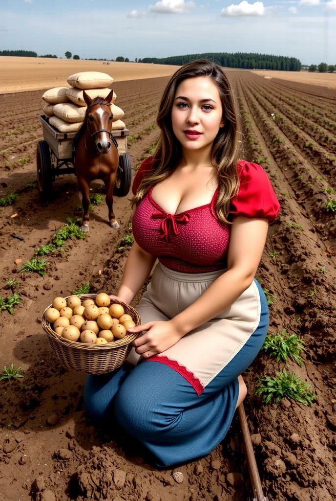 A cheerful young woman wearing traditional German peasant clothing kneels on a potato field during harvest. Her sleeves are rolled up, and she is holding a wicker basket filled with freshly dug potatoes. The earthy tones of the field contrast beautifully with her bright outfit, while a horse-drawn cart loaded with sacks of potatoes stands nearby.
,Girl Costume - No Face,BODYRUBY-FLUX,faceRUBI-FLUXshakker