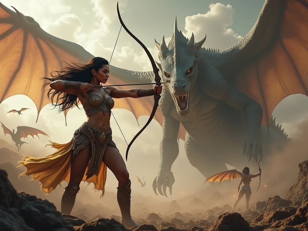 woman, warrior, beautiful, sexy, without clothes, with a dragon in a mountainous and forest environment