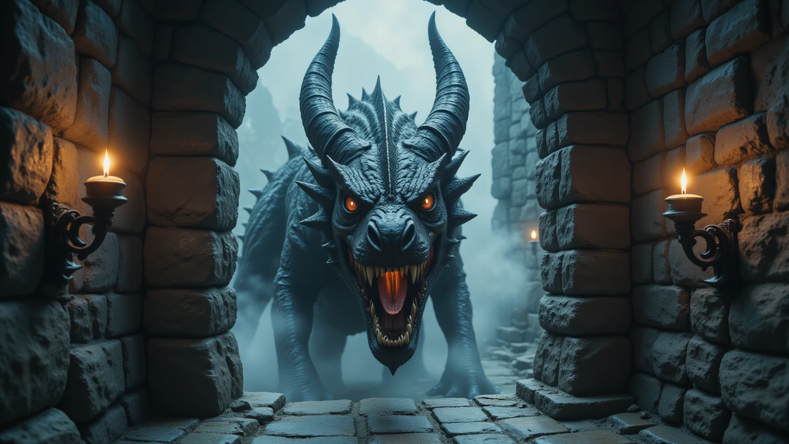 "Create a photorealistic image of a massive dragon peering through a stone archway. The dragon has textured black scales, glowing orange eyes, and sharp, menacing horns. The archway is made of rough, weathered stone, with cracks and uneven edges visible. Two medieval candles are mounted on either side of the archway, their flames flickering and casting warm light onto the cold stone. Mist and smoke rise around the dragon, creating a mysterious and foreboding atmosphere with soft, diffused light filtering through the mist.