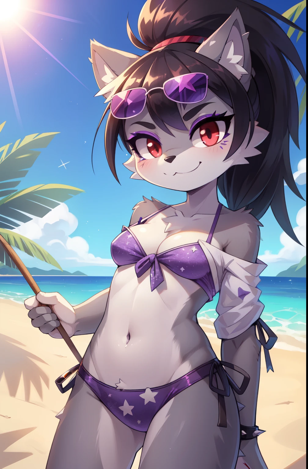 rice shower\(umamusume\)),(masterpiece),shape,brown hair,long hair,purple eyes,flowing bangs,long bangs,long hair,small breasts,hair covers right eye, smile,looking at the viewer,((highly detailed eyes)), (((bikini))), masterpiece, highest quality, (abnormal body, small breasts, horse tail,smile, pool, whole body, frontage, hot pants,spread legs, legs up