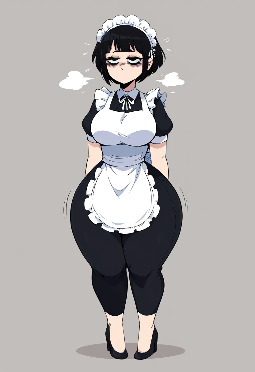 NSFW, ((black grey skin Drow)), (gigantic ass), firm ass , tall girl, slim waist, curvy figure, arms behind back, (((dark_blue_hair))), green_eyes, long_pigtails, ((apron))