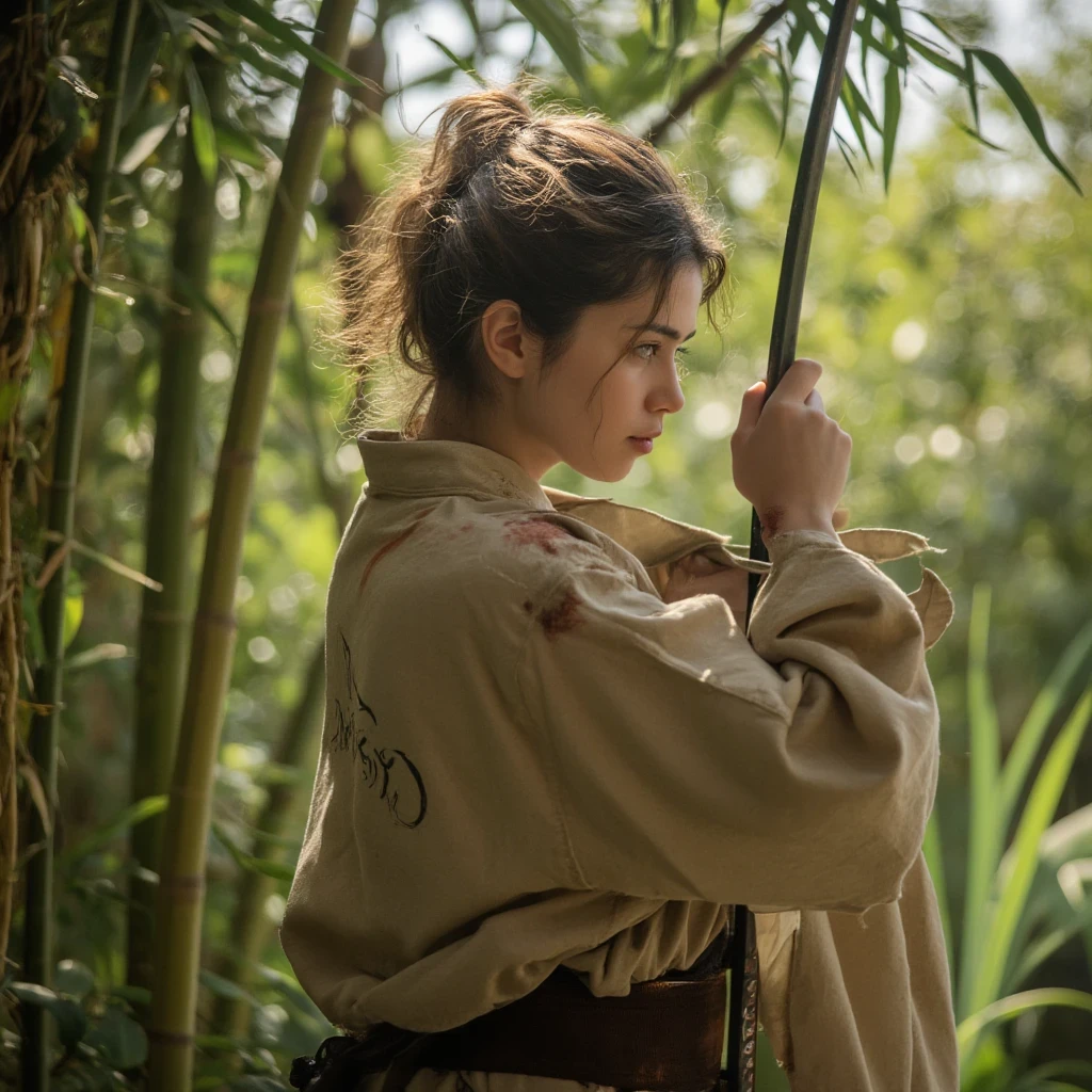 Raw photo of one female samurai, standing in a fighting stance, with a sword drawn from a scabbard in her hands, ready for battle, in full samurai attire (kimono) (wind in a bamboo forest), (the wind lifted the leaves up), a cut on her shoulder ( high skin detail: 1.2), 8k uhd, SLR camera, soft lighting, high quality, film grain, Fujifilm XT3