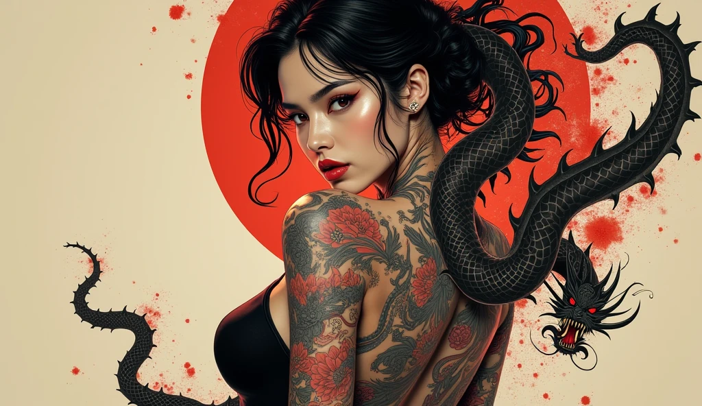 woman with a dragon tattoo on her back, back tattoo, oriental tattoos,, gothic tattoos, crimson hair