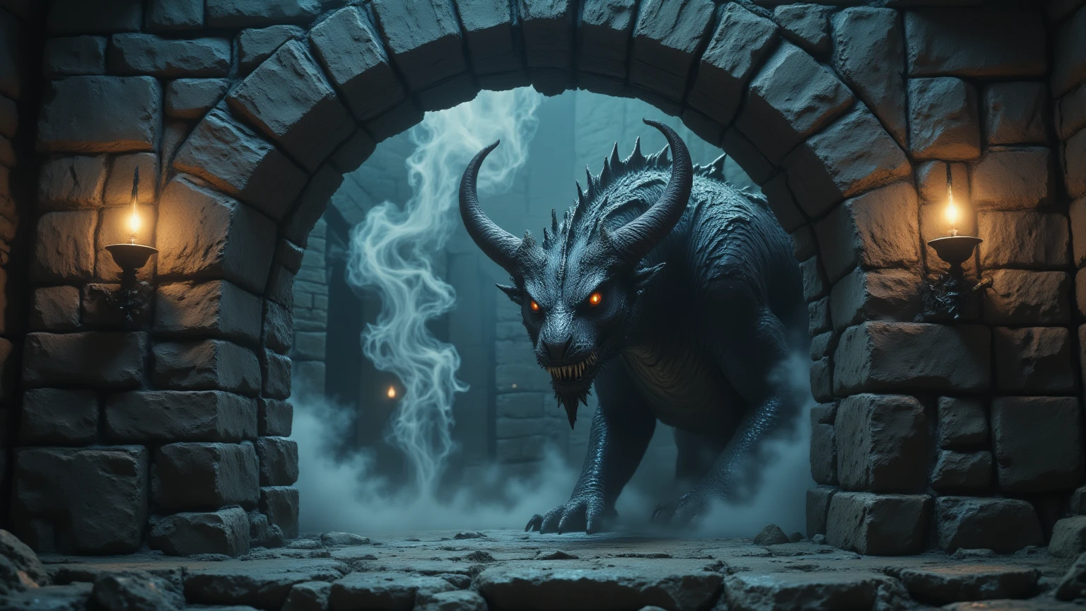 "Create a photorealistic image of a massive dragon peering through a stone archway. The dragon has textured black scales, glowing orange eyes, and sharp, menacing horns. The archway is made of rough, weathered stone, with cracks and uneven edges visible. Two medieval candles are mounted on either side of the archway, their flames flickering and casting warm light onto the cold stone. Mist and smoke rise around the dragon, creating a mysterious and foreboding atmosphere with soft, diffused light filtering through the mist.