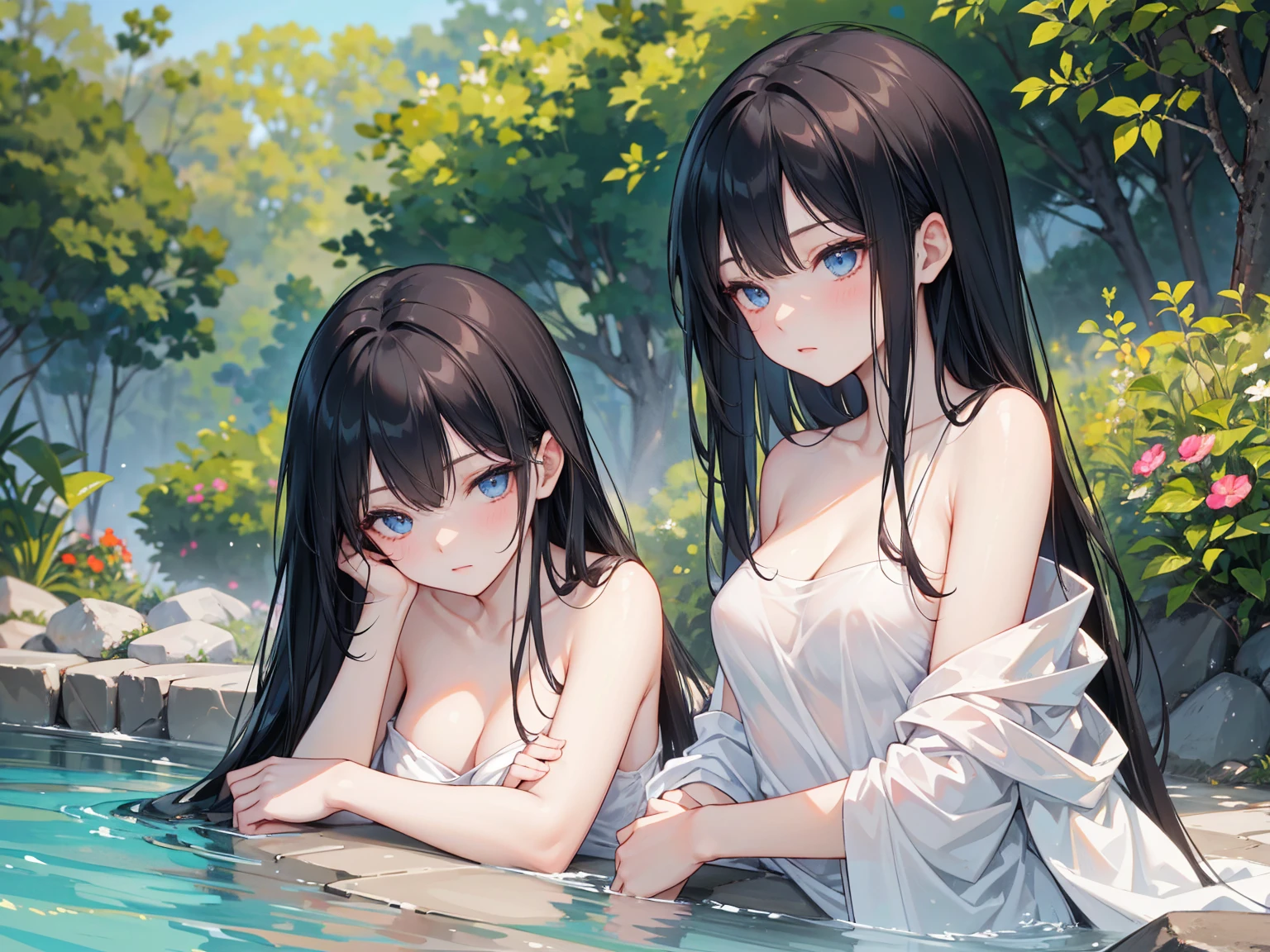 "Gorgeous and high-quality, highly detailed masterpiece that features two charming girls sitting near a waterfall. Creating a seductive atmosphere." small breasts, (leaning forward:1.3), (beautiful nipple slip:1.2), cleavage, fondling, looking at viewer