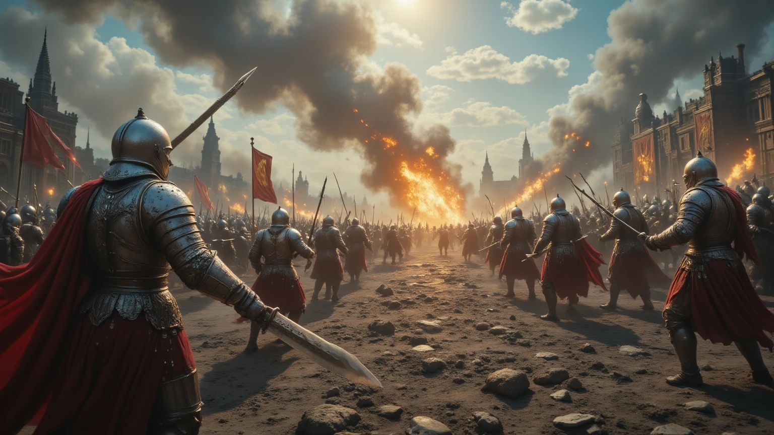 Generate a chaotic medieval battlefield filled with armored soldiers clashing amidst thick smoke and dust. The soldiers wear silver and red armor, wielding swords and spears, with some charging forward and others engaged in combat. The ground is uneven and littered with broken weapons, shields, and scattered debris. Explosions in the background send plumes of smoke and dirt into the air, while banners and flags flutter amidst the chaos. The lighting is harsh and dramatic, with a mix of sunlight breaking through the dust and the glow of fires illuminating the scene."