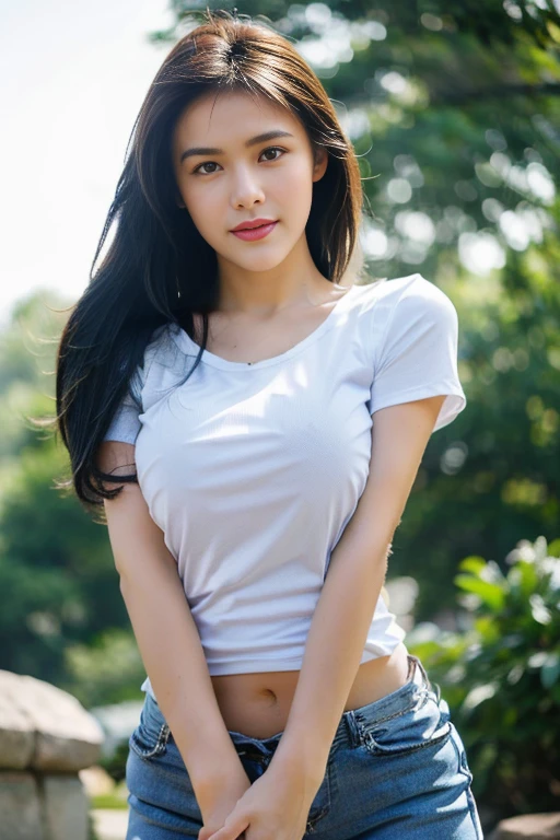 ((Masterpiece, 4x-ultrasharp, sharp focus)), pretty women, wearing casual white tight t-shirt shirt with u-neck short-sleeve, ((puffed breast, stick out nipples under t-shirt, braless)), ripped skinny jeans, long legs, straight hair, sharp face, natural makeup, sun-taned Lighting, sun flare, at flower garden background, bokeh