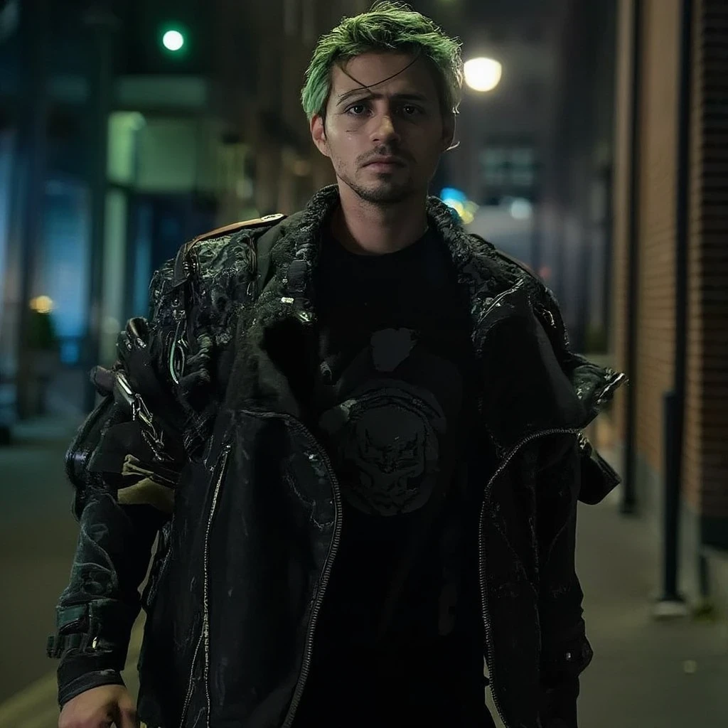 Handsome 1boy, Roronoa Zoro, angry look, (one eye closed), scar on the eye, green hair. solo, full body, ((((masterpiece))), ((best quality)), (extremely detailed), dark intense shadows, lighting, HDR, good composition, dynamic pose, black eyes, modern fashionable dark clothes, blurred background, night city street