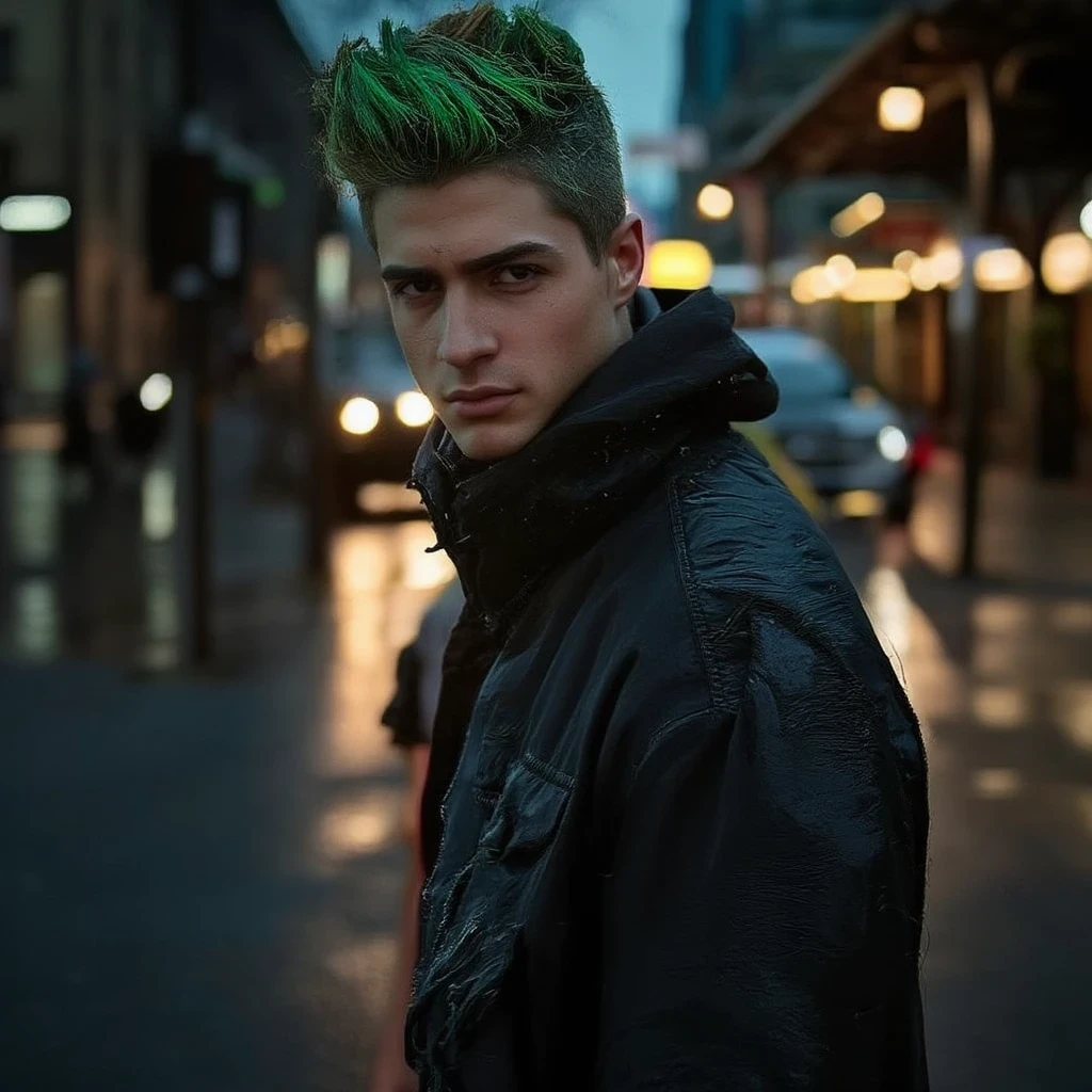 Handsome 1boy, Roronoa Zoro, angry look, (one eye closed), scar on the eye, green hair. solo, full body, ((((masterpiece))), ((best quality)), (extremely detailed), dark intense shadows, lighting, HDR, good composition, dynamic pose, black eyes, modern fashionable dark clothes, blurred background, night city street