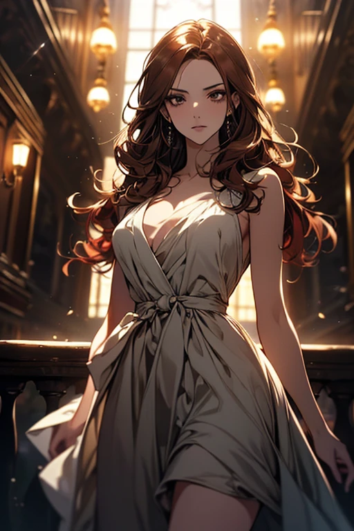 (top quality, masterpiece, high quality, ultra-delicate), ((beautiful girl)), (((adult)), ((Pure Dark black hair)), mature, graceful curves, ((long hair, long bangs)), ((bright green eyes)), ((detailed eyes)), nose, bangs, black collar, ((Revealing white  Party Dress, slit skirt)), V neck, seductive, standing casual ribbon, charm, shoulderless dress, fashion, thick thighs, green earrings, Good Lighting, Sunset.