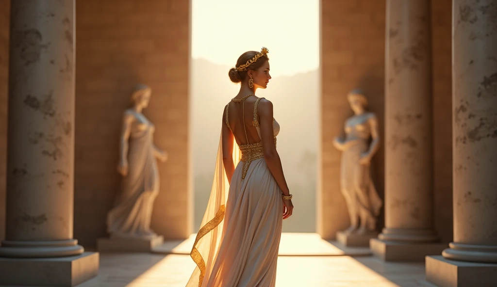 Aphrodite, in a sensual pose, stands in a white marble temple with tall, imposing columns. The floor is decorated with colorful mosaics depicting mythological scenes. Around her, statues of gods and goddesses watch silently. The soft light of torches illuminates the room, creating dramatic shadows on the walls. On the altar are offerings of fruits, flowers and jewelry, while Aphrodite stands in the center of the temple, radiating serenity and power.