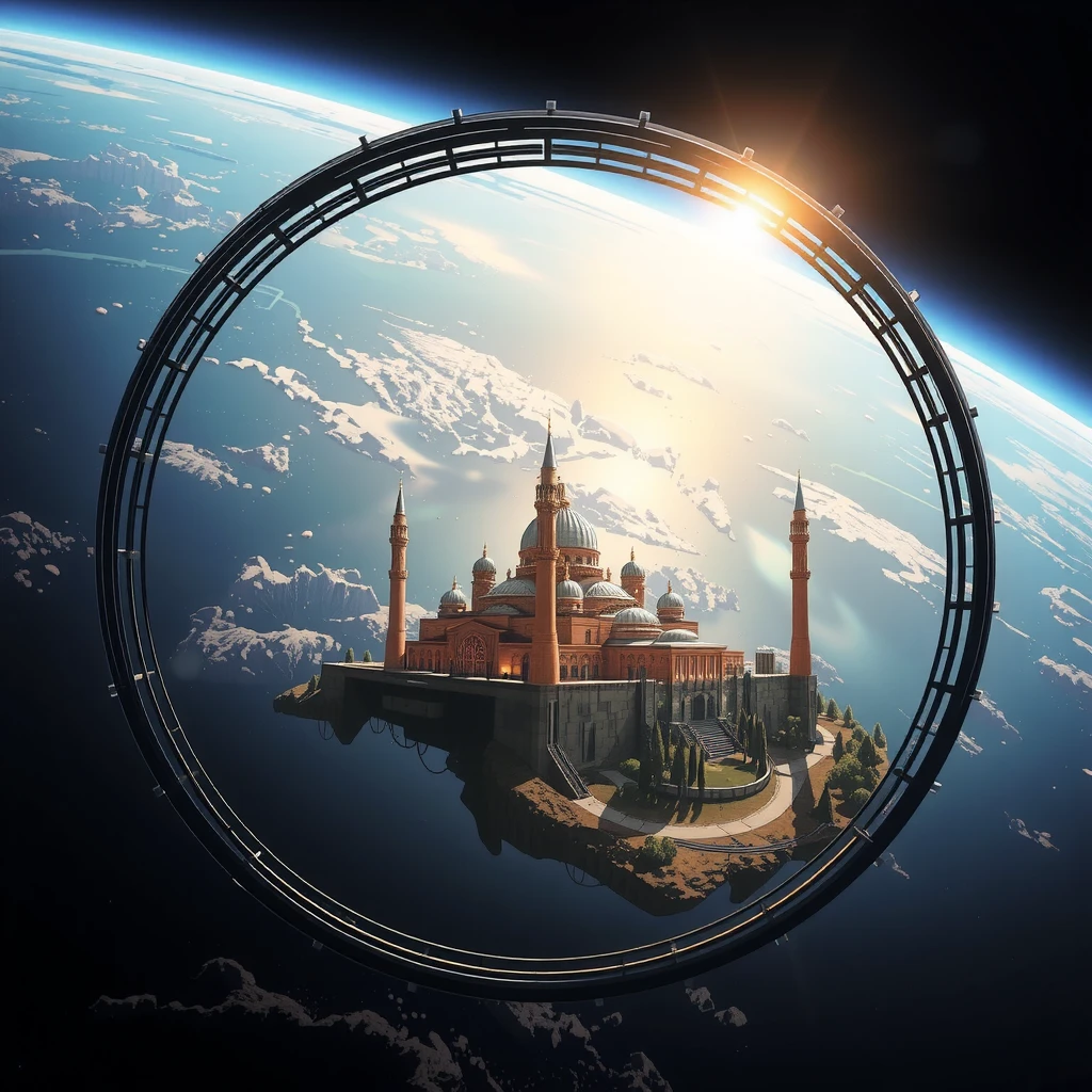  Illustration of a magnificent mosque building in the middle of a giant ring-shaped space colony floating serenely in the expanse of space,  with Earth as its stunning backdrop .  The colony's transparent glass dome reveals an artificial paradise inside ,  complete with lush forests and shimmering lakes . The scene takes place at dawn ,  with the first sunlight gently illuminating the Earth and colony ,  while bright light from the interior of the colony radiates outward .  The artwork features a high level of detail ,  blends science fiction themes with dramatic lighting contrasts ,  creating a mesmerizing and immersive visual experience .