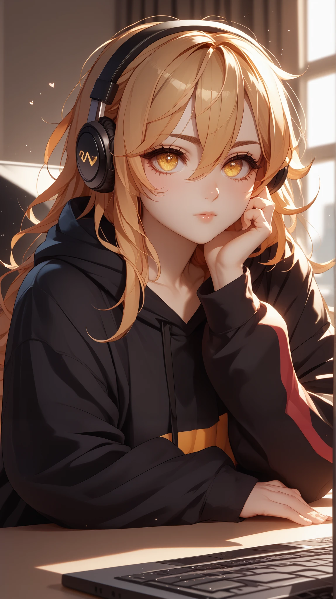 golden eyes、Woman using computer with big screen、medium long hair、wearing cool headphones,{{{{{{{{ black hoodie oversized }}}}}}}},beautiful and delicate golden eyes,thought,black clothes,