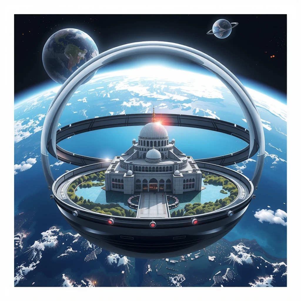  Illustration of a magnificent mosque building in the middle of a giant ring-shaped space colony floating serenely in the expanse of space,  with Earth as its stunning backdrop .  The colony's transparent glass dome reveals an artificial paradise inside ,  complete with lush forests and shimmering lakes . The scene takes place at dawn ,  with the first sunlight gently illuminating the Earth and colony ,  while bright light from the interior of the colony radiates outward .  The artwork features a high level of detail ,  blends science fiction themes with dramatic lighting contrasts ,  creating a mesmerizing and immersive visual experience .