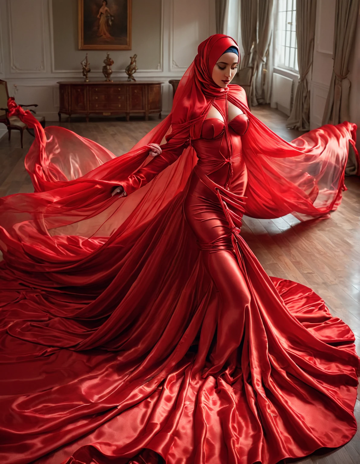 An alluring woman shrouded in a 4-meter-long, plush red satin cloth, tightly bound and grandly draping along the form of her body, flowing off into a pooled floor-length train, styled in a mermaid-inspired outfit, half naked, leg and arm tied with satin cloth, wear high heels, her head modestly veiled in a satin hijab, shiny fabric, a full-body pose conveying a sense of mysterious elegance, sexy pose in bed room, captured in a 4k resolution, ultra-realistic