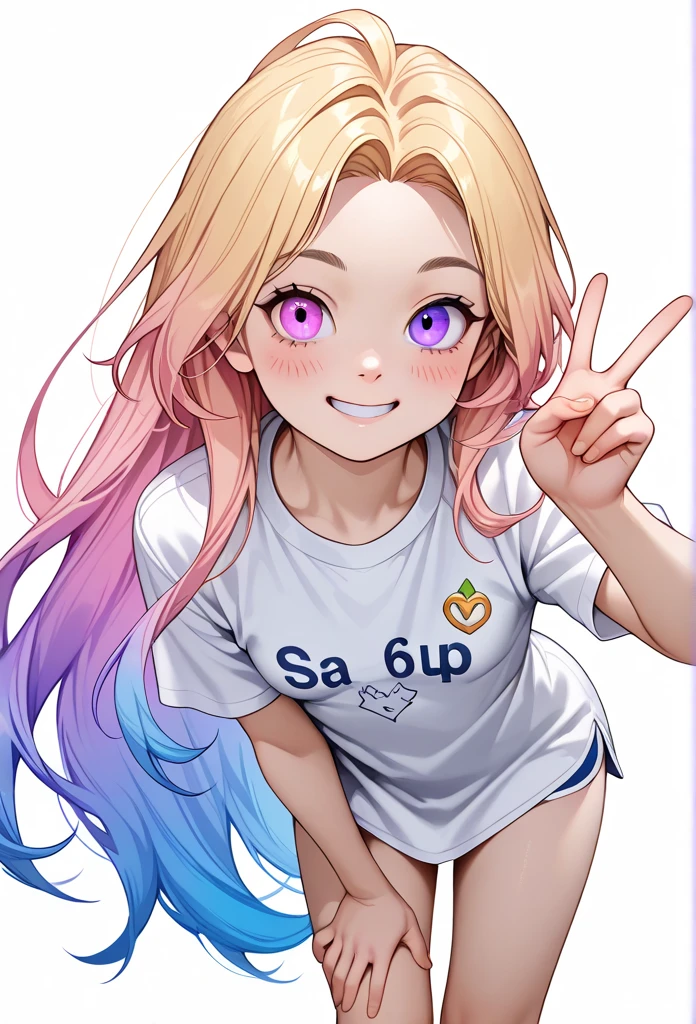 a masterful anime illustration of 1 girl, ZoeLoLXL, with mature features, striking purple eyes, one blue eye, heterochromia, vibrant orange and purple gradient hair, very long hair, small breasts, wearing an oversized white shirt, smiling with a cute blush, leaning forward with one hand on her thigh and making a peace sign, looking directly at the viewer against a simple white background, highly detailed, photorealistic, 8k, HDR, professional, vivid colors, physically-based rendering